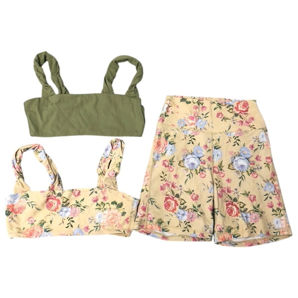 WeWoreWhat 3 Piece Activewear Set Womens Small Yellow Floral Olive‎ Biker Shorts